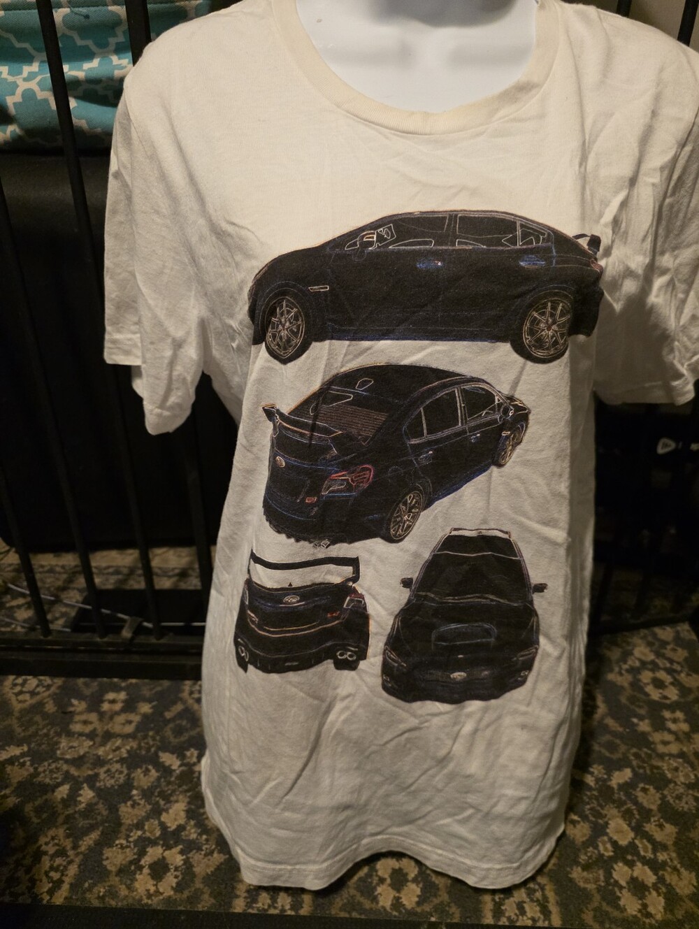 Bella Canvas White Graphic Tee with Black and Blue Print Subaru